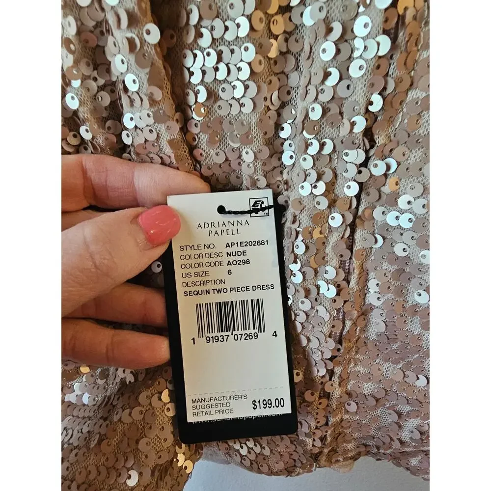 Adrianna Papell sz 6 two piece dress rose gold sequins new with tags gown $199